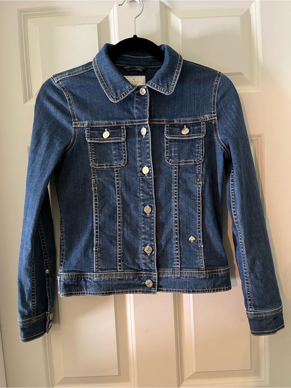 Kate Spade Broome Street "In Full Bloom" denim jacket gold-tone spade buttons XS